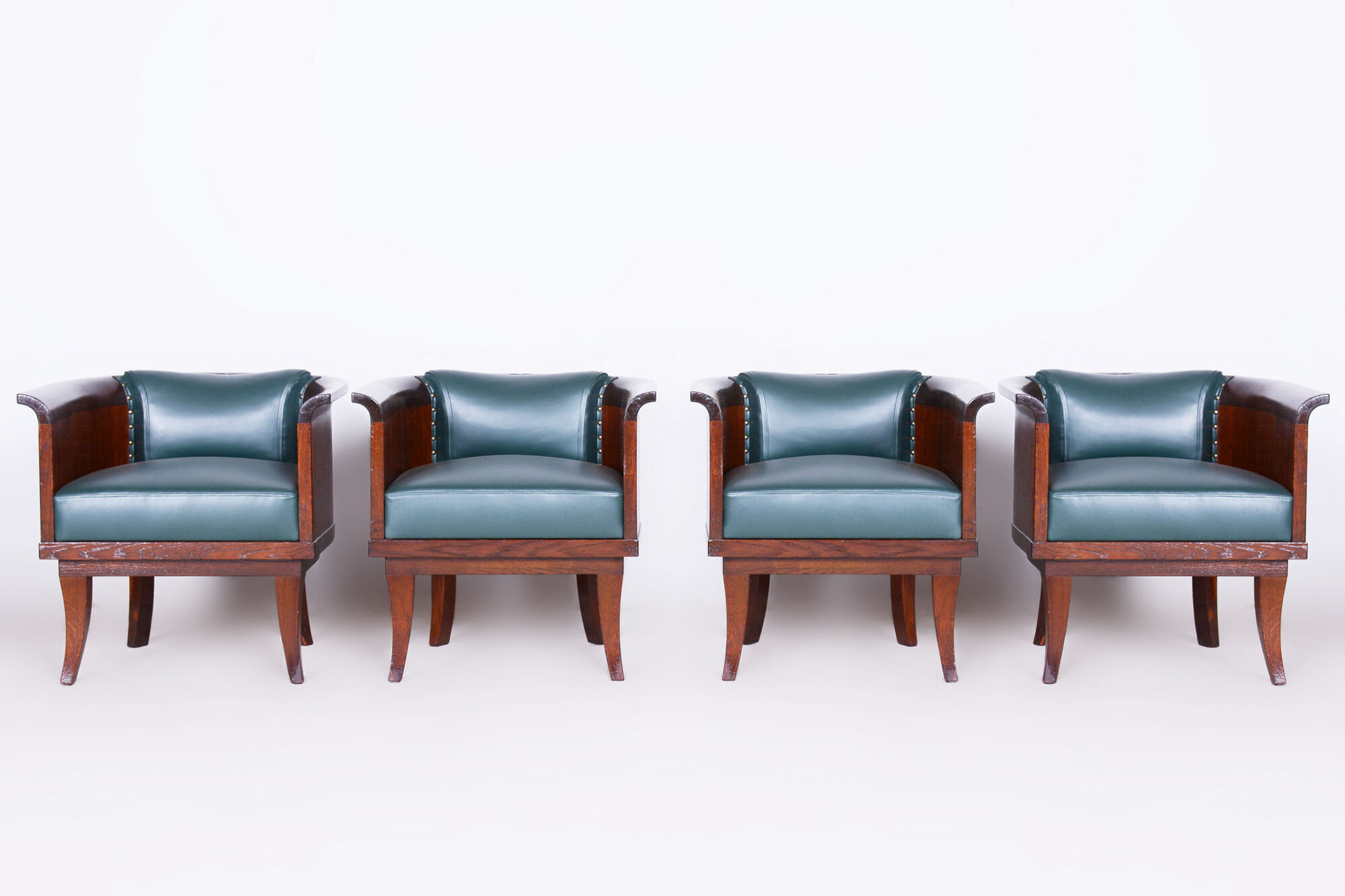 Restored ArtDeco Set of Four Oak Armchairs, High-Quality Leather, Czechia, 1920s
