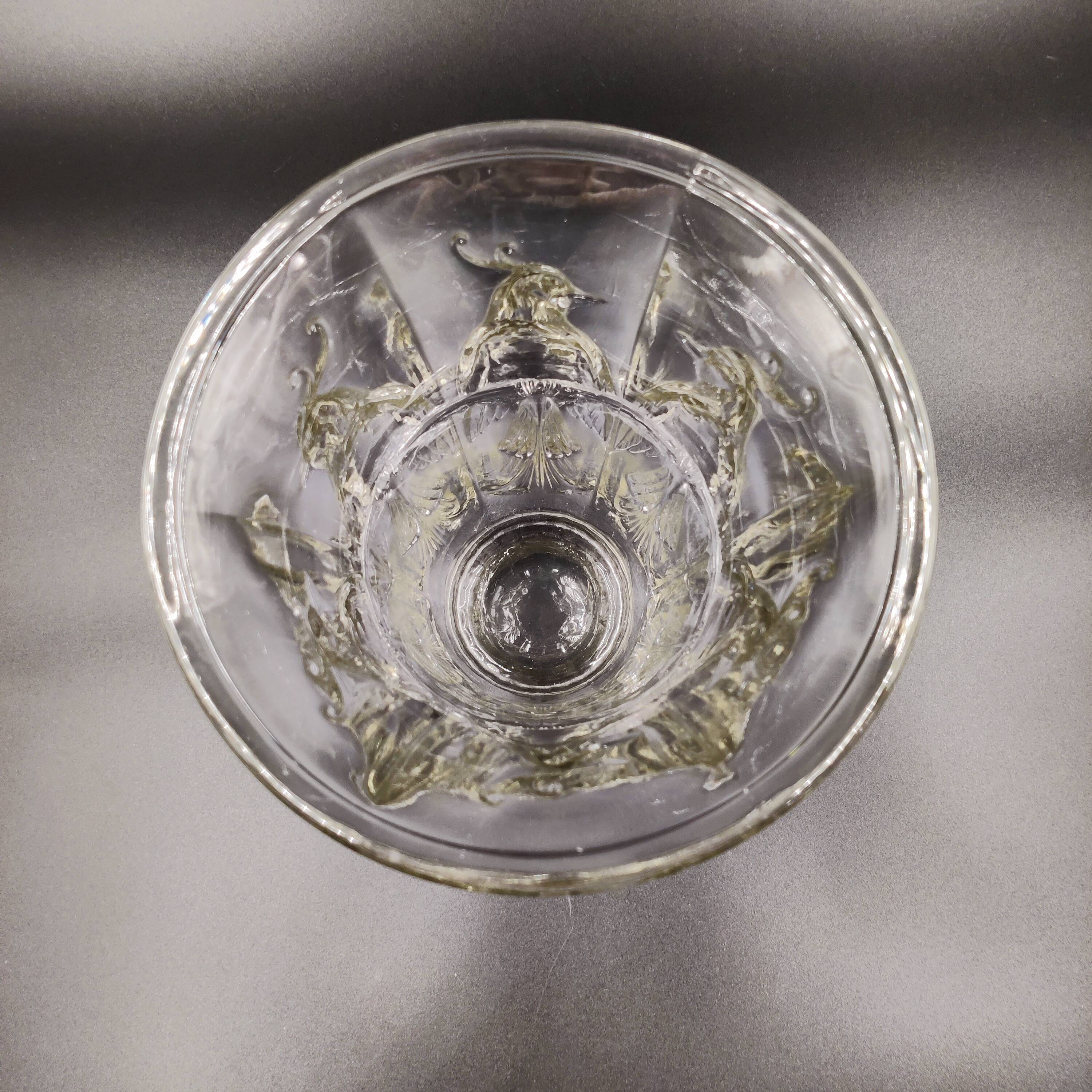 French Art Deco glass vase with cockatoo motif by Verlux