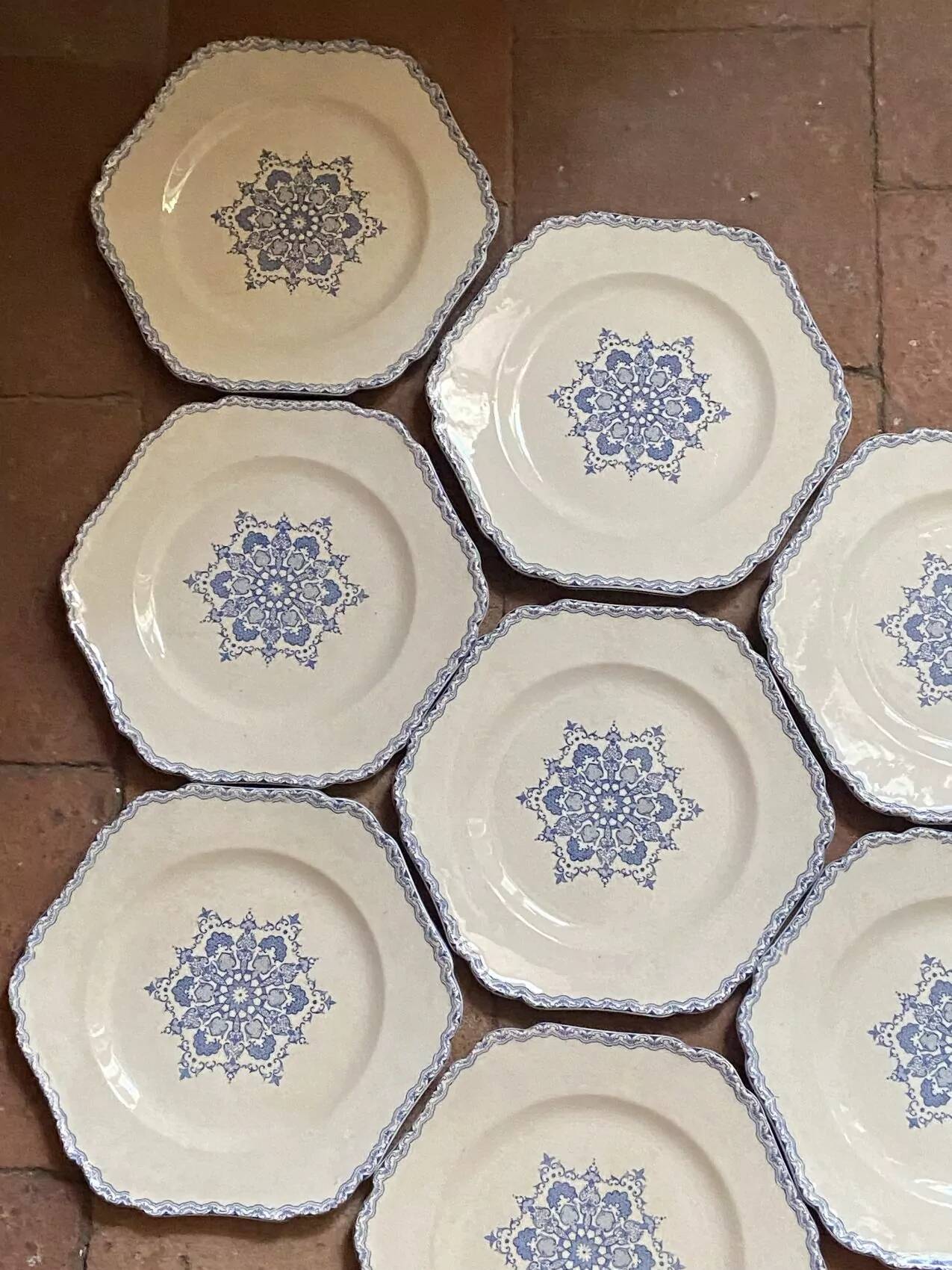 Set of 10 antique 6-sided flat plates – late 19th century earthenware, oriental light blue decor