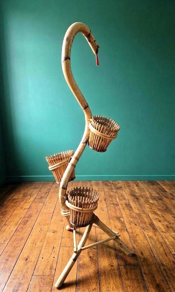 Vintage Cobra Snake Plant Stand in Bamboo and Rattan