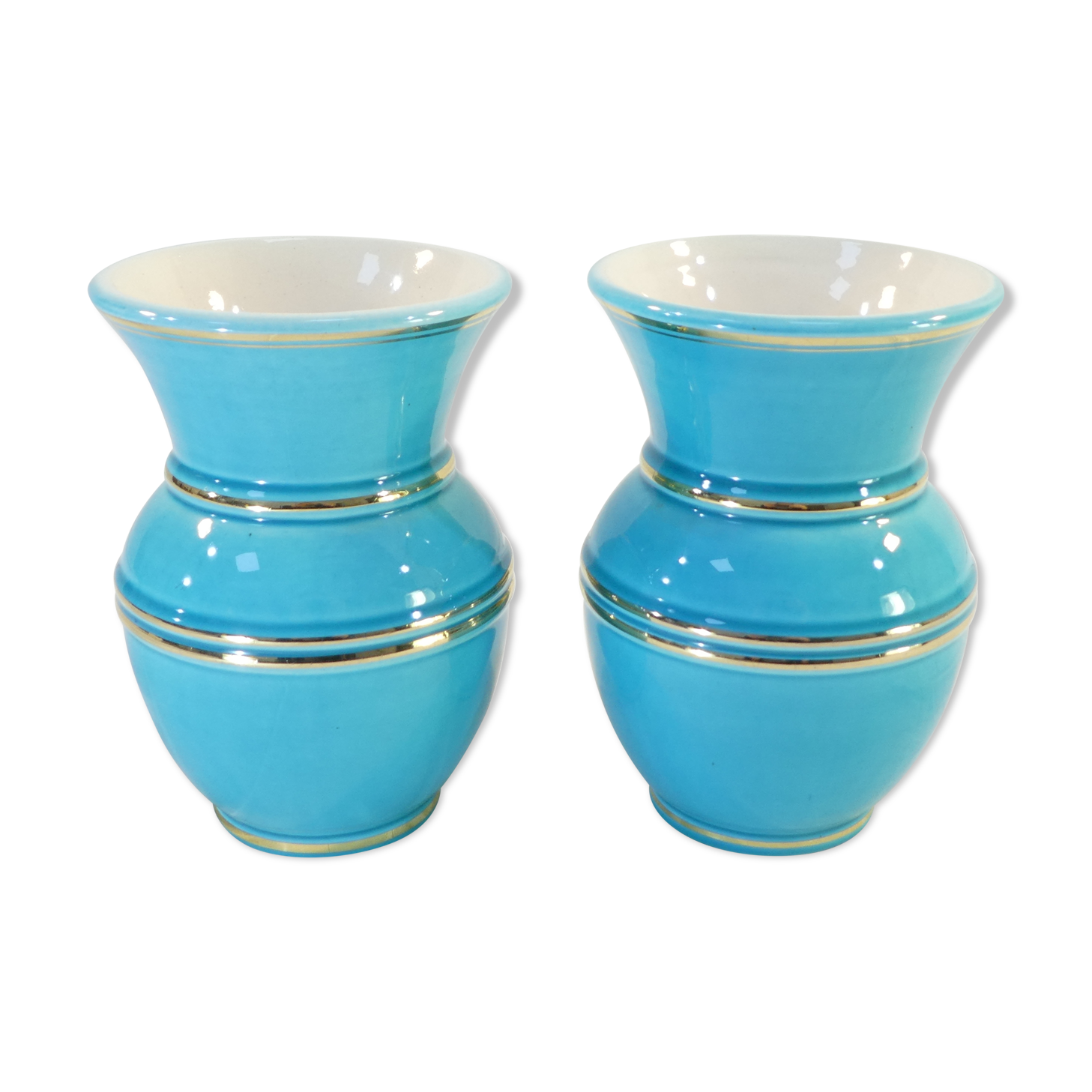 Pair of TURQUOISE BLUE AND GOLD VERCERAM vase