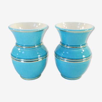 Paire de vases Verceram bleu turquoise et doré