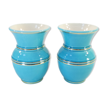 Paire de vases Verceram bleu turquoise et doré