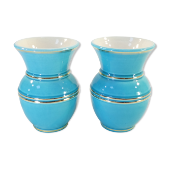 Paire de vases Verceram bleu turquoise et doré