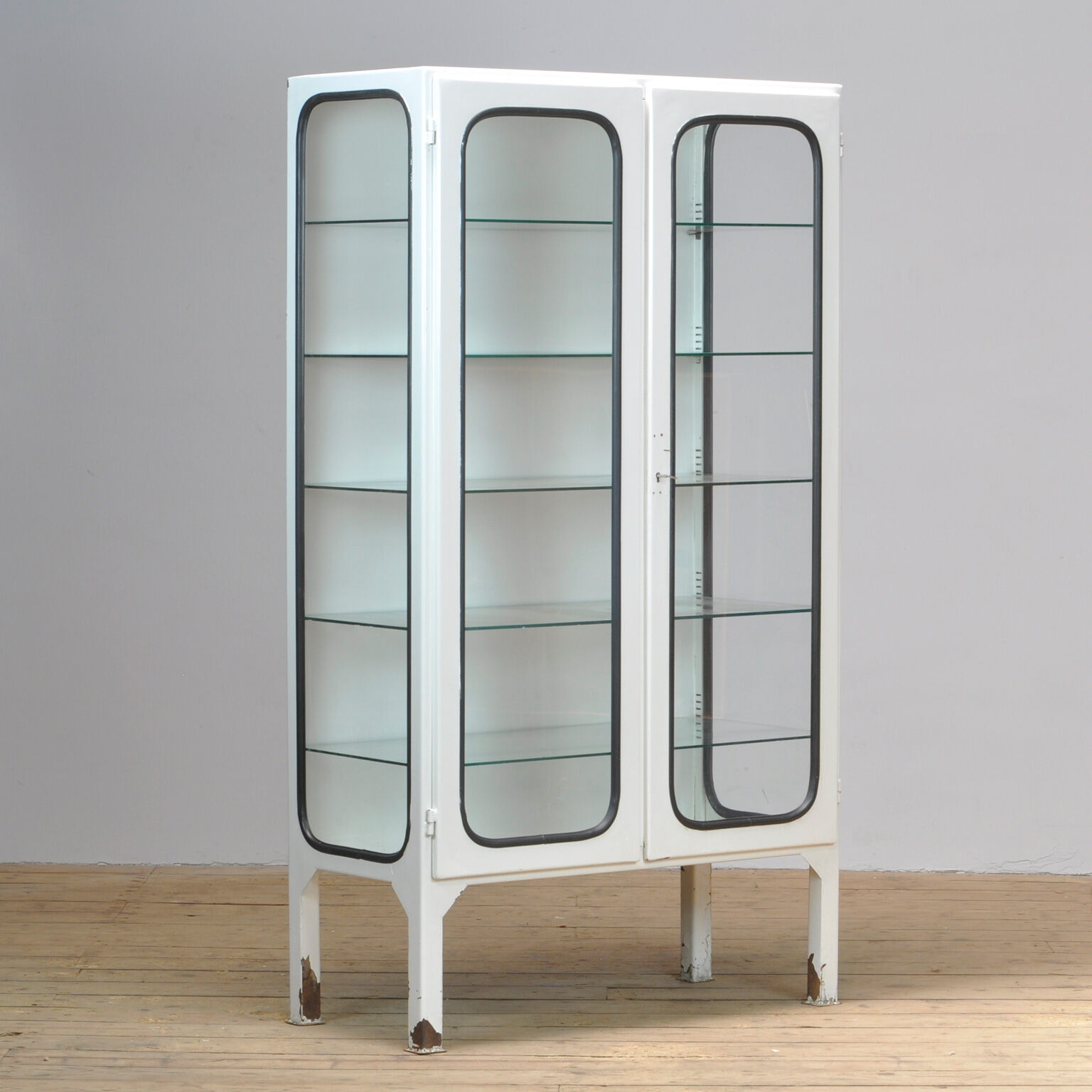 Vintage glass & iron medical cabinet, 1970s