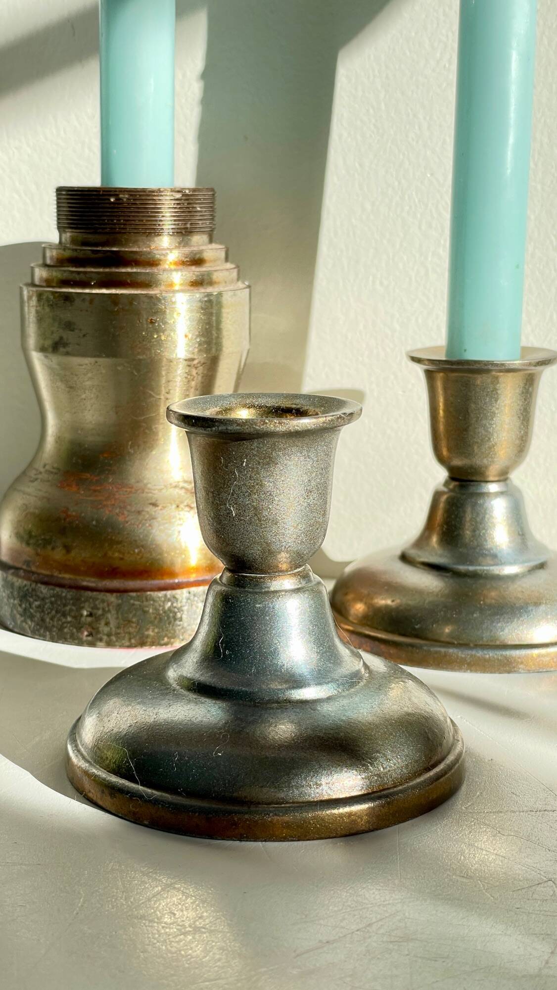 Industrial candle holders steel and silver bronze vintage