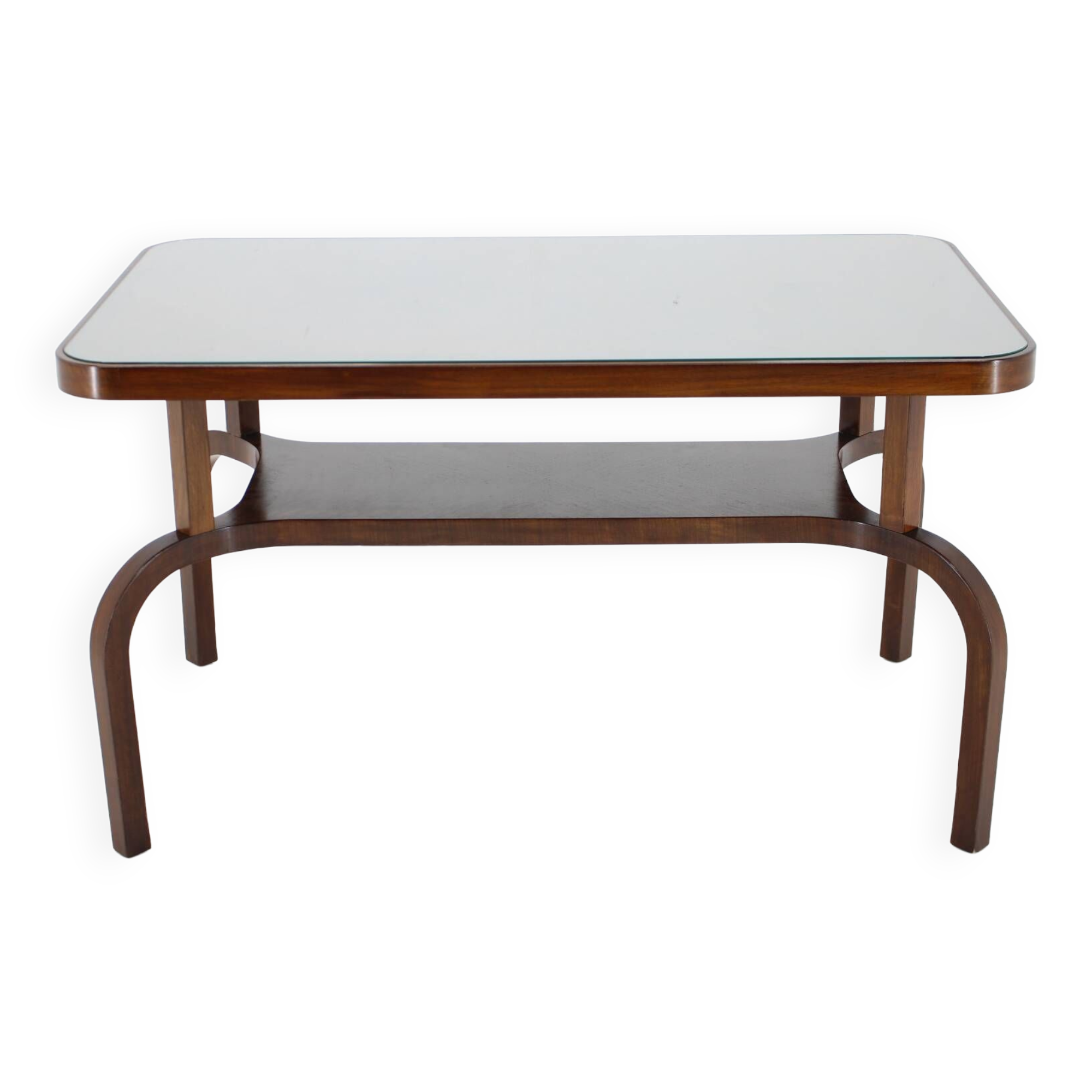 Table basse restaurée des années 1930 en noyer avec plateau en verre, Tchécoslovaquie