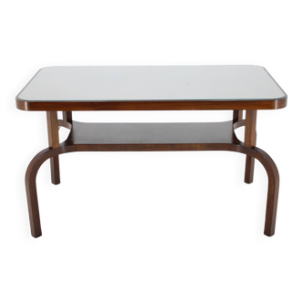 1930s Restored Coffee Table in Walnut with Glass Top,Czechoslovakia