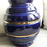 Large vintage ceramic vase in rounded blue and gold shape