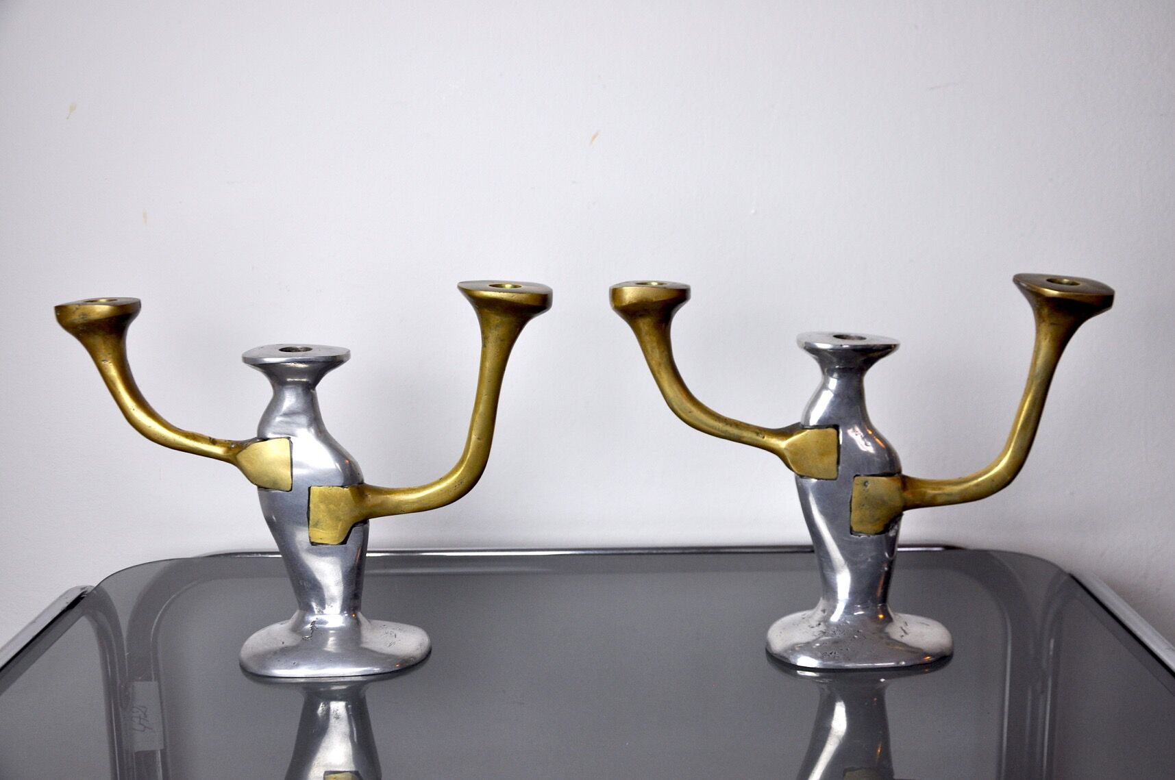Pair of brutalist candle holders by David Marshall, 1980, Spain