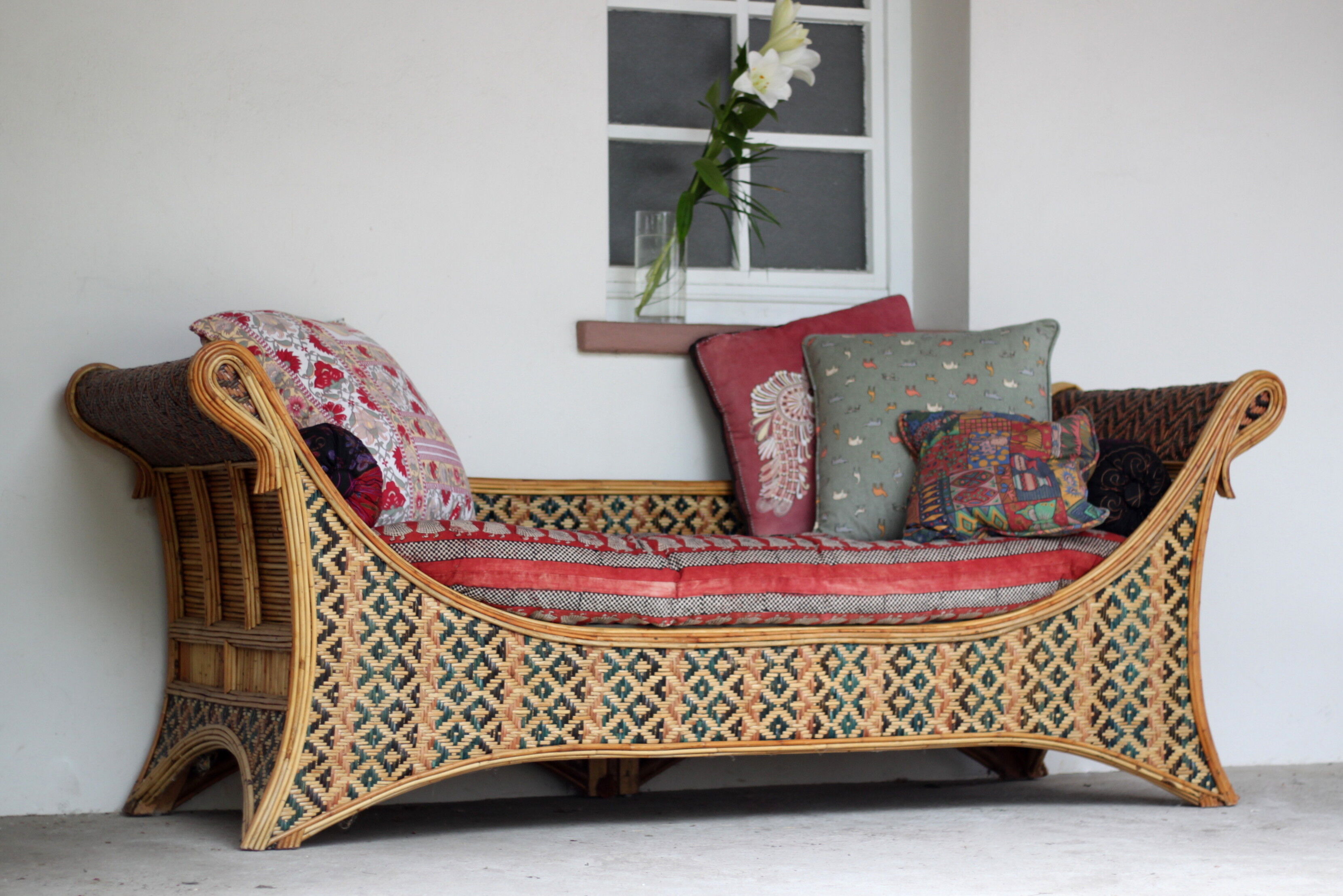 Large Polychrome Rattan Sofa - Orientalist