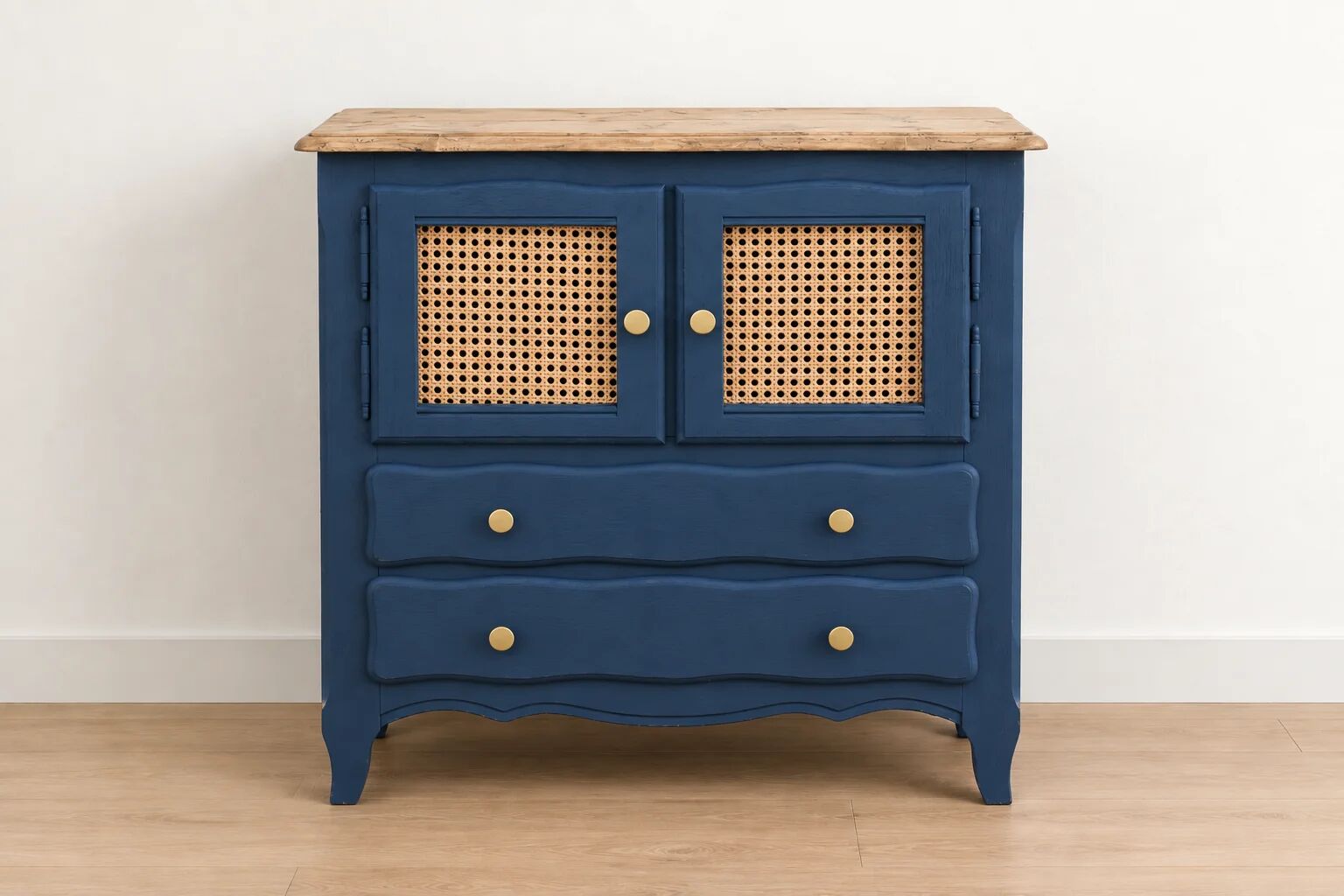 Small renovated vintage buffet in blue from Vosges, Libéron and caning – 2 doors, 2 drawers