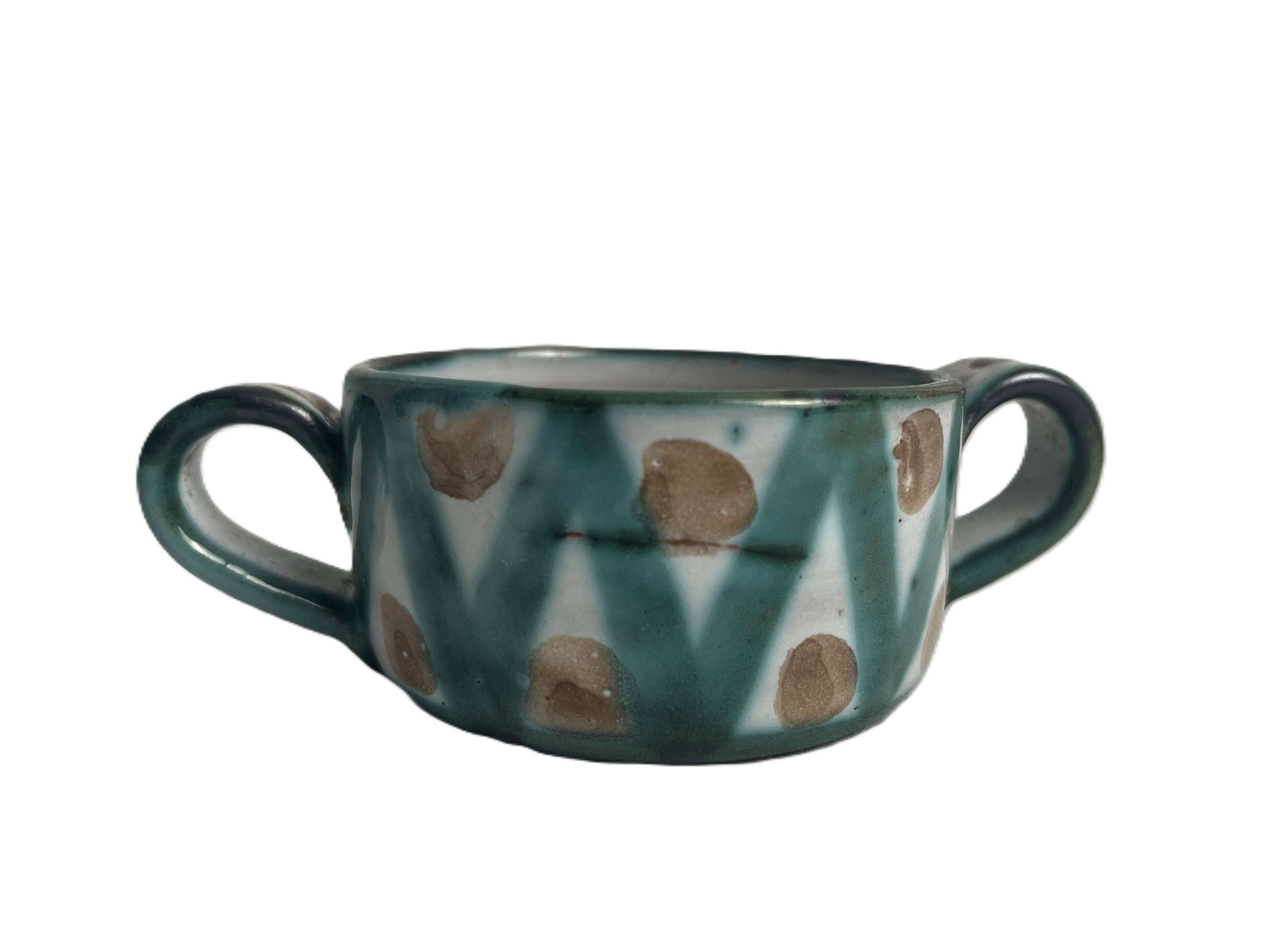 Robert Picault, bowl with two handles, polychrome earthenware, 20th century.