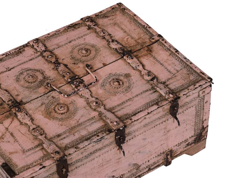 Coffre à dot Shekhawati Rajasthan Patine Rose Bois Sculpte Inde