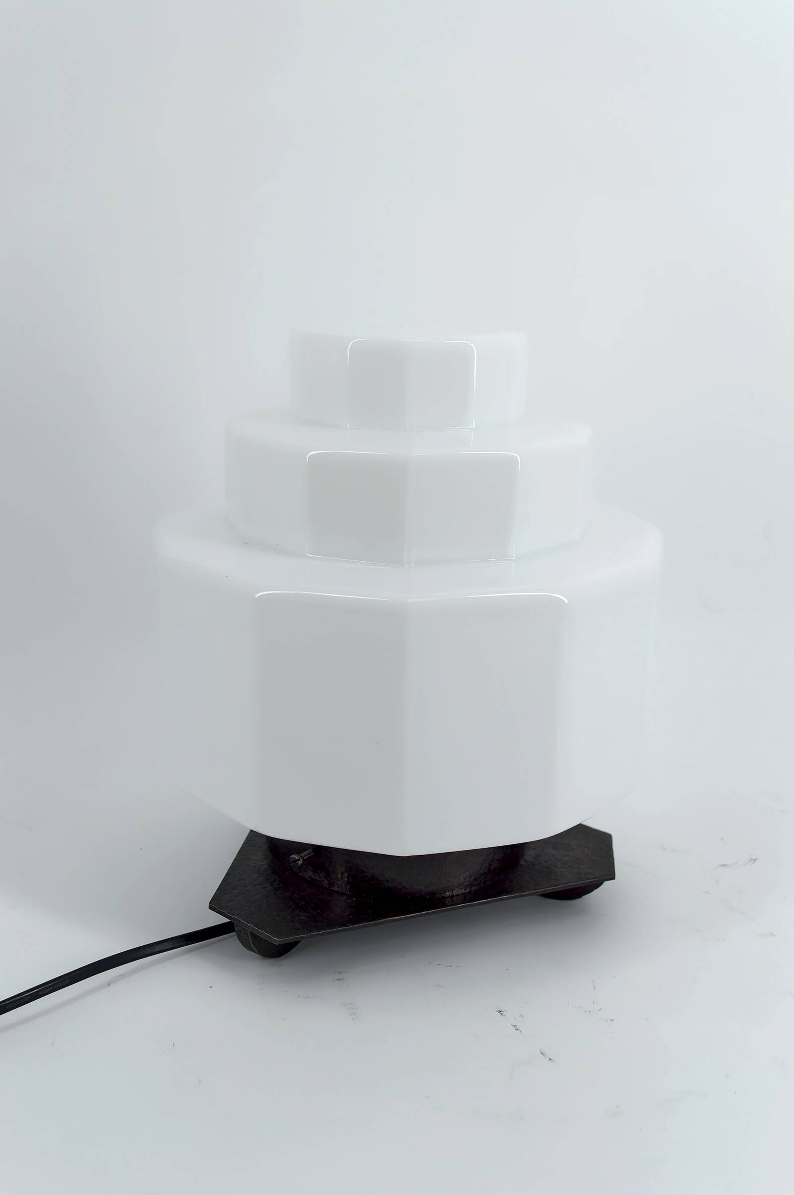 Art Deco Steamline Modern Lamp, circa 1930 – Opaline glass and wrought iron