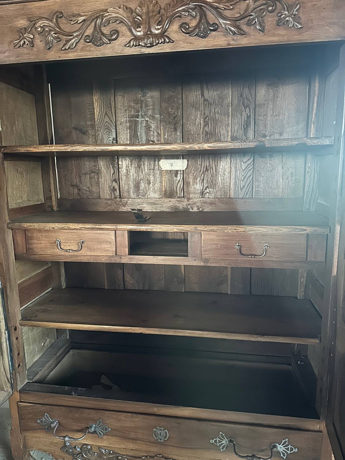Large carved antique wardrobe – solid wood – country style / farmhouse