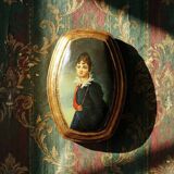Small vintage Venetian oil on wood convex medallion portrait.