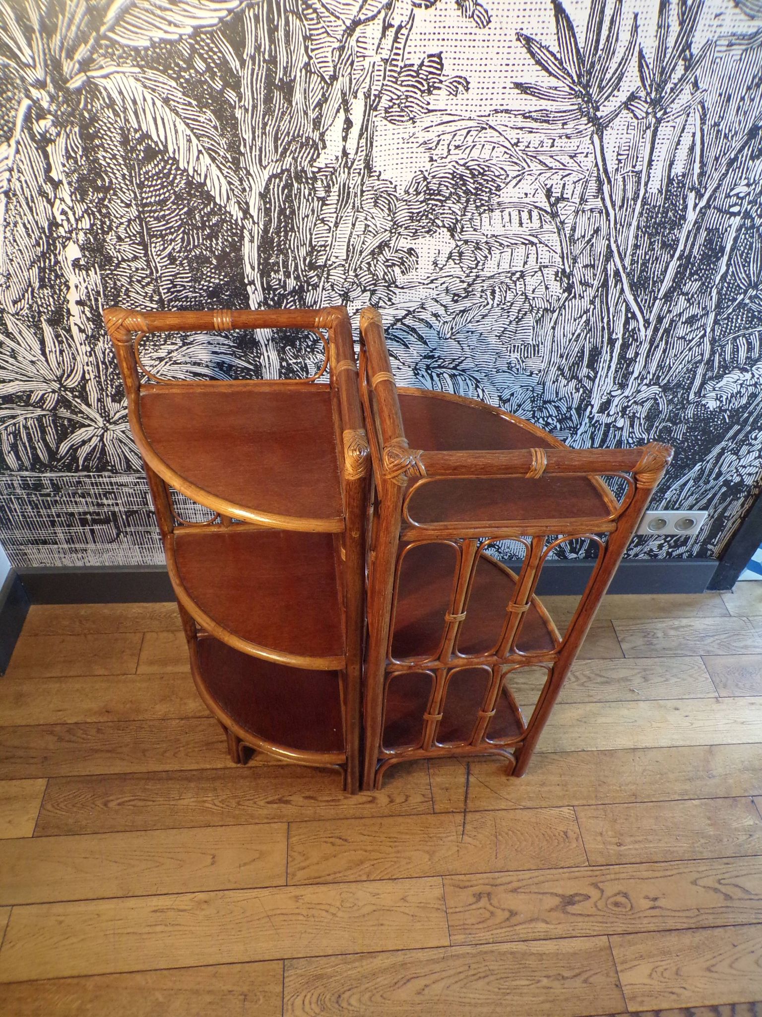 Pair of rattan corner shelves