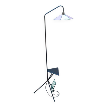 Lampadaire en métal noir, abat-jour mauve et vert, 1960