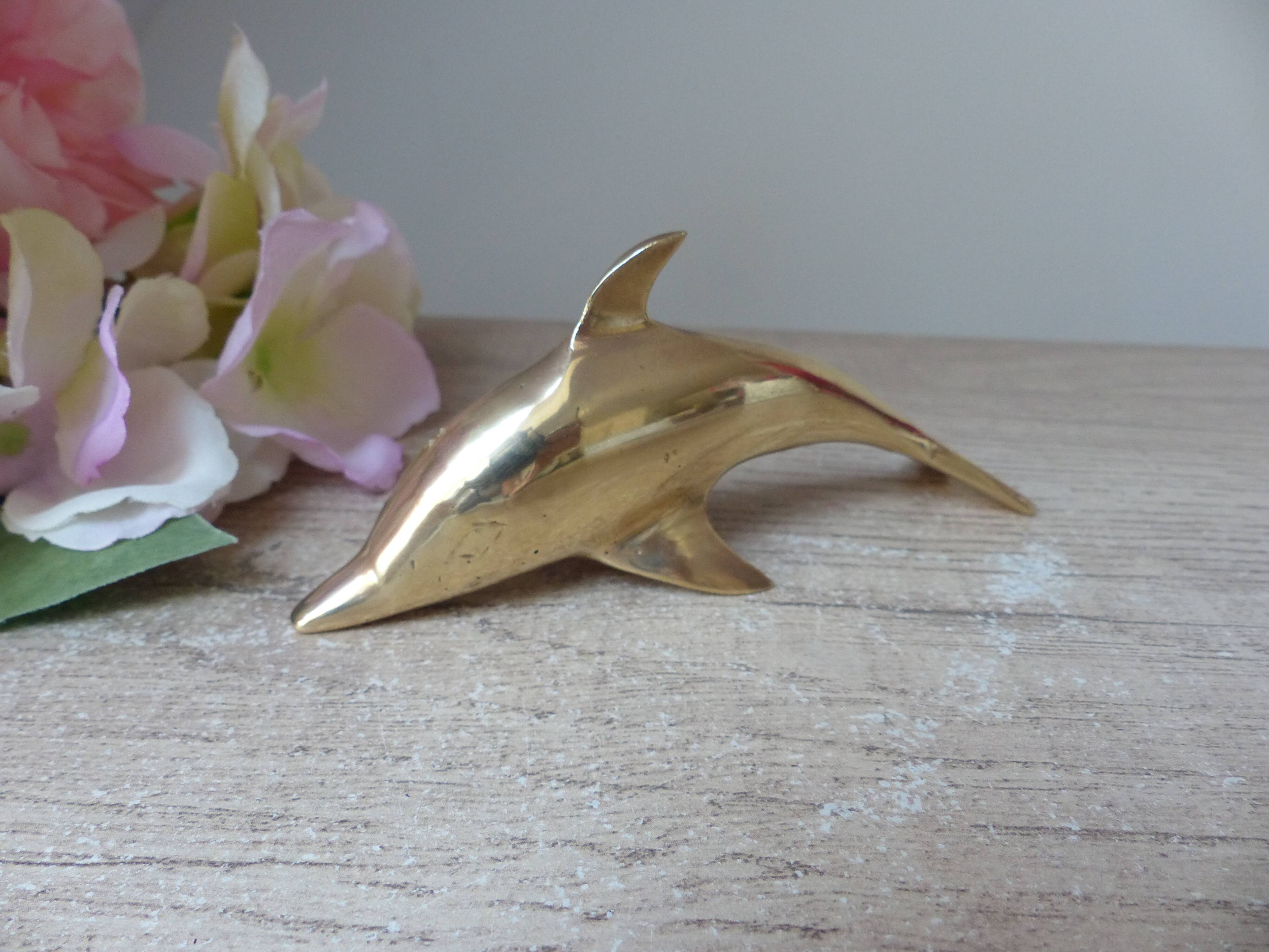 Golden Brass Dolphin Figurine, Dolphin Paperweight Desk Decoration