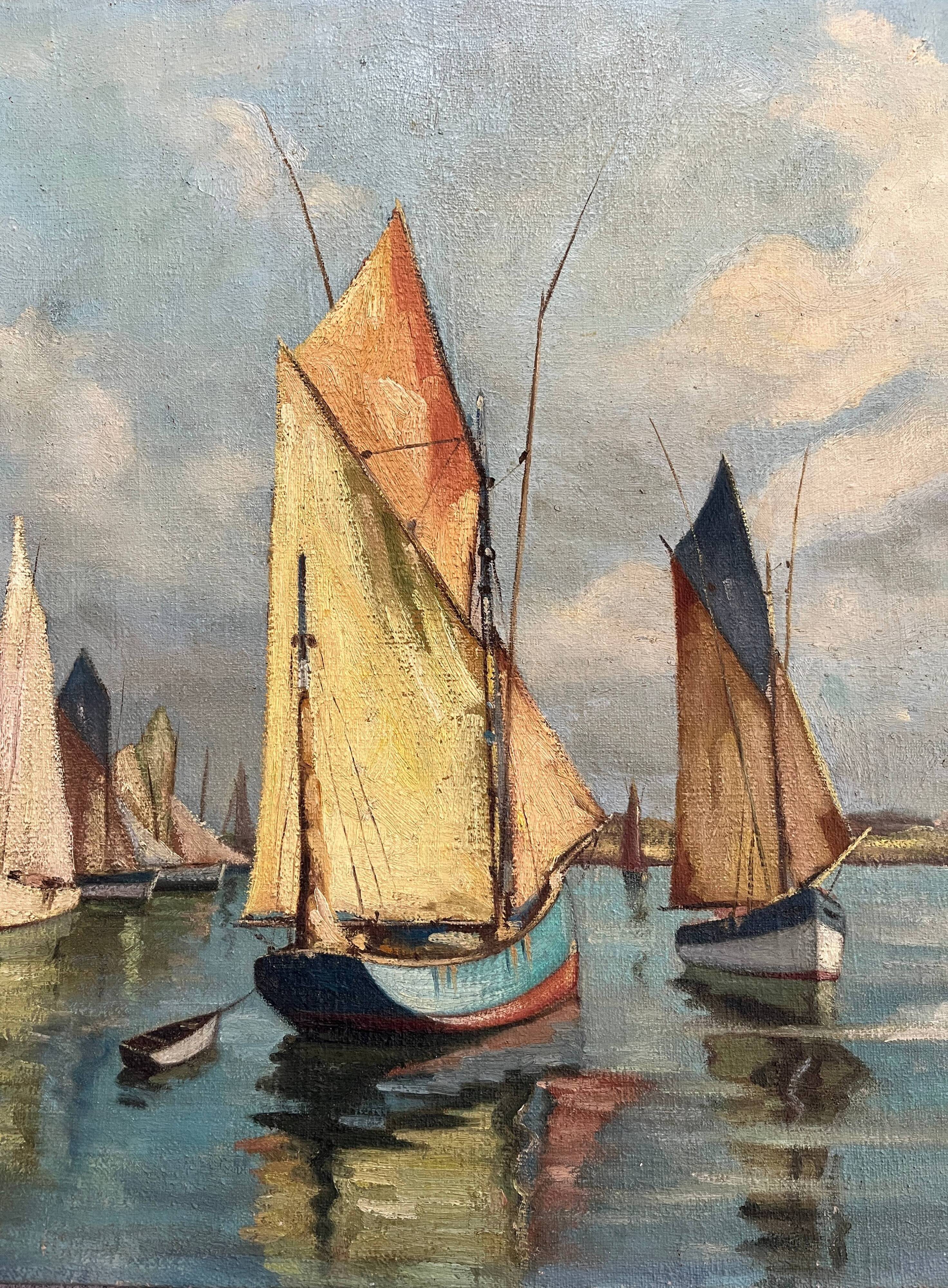 HST Marine painting "Sailboats in port" early 20th century signed