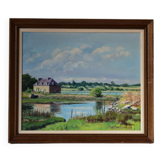 Tableau paysage, peinture à huile moulin en mer en Morbihan 1993 signé Pierre Nivert