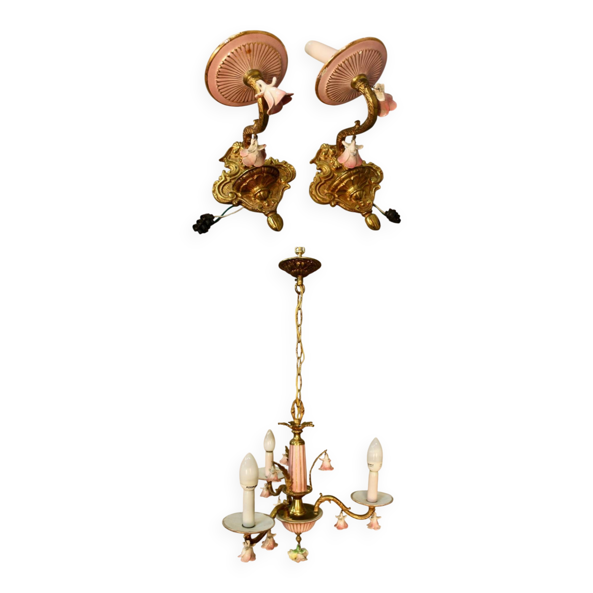 Small Italian Bronze Chandelier with Porcelain Flowers and its 2 Wall Sconces