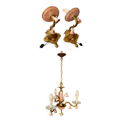 Petit Lustre Italien En Bronze Et Fleurs En Porcelaine Avec Ses 2 Appliques