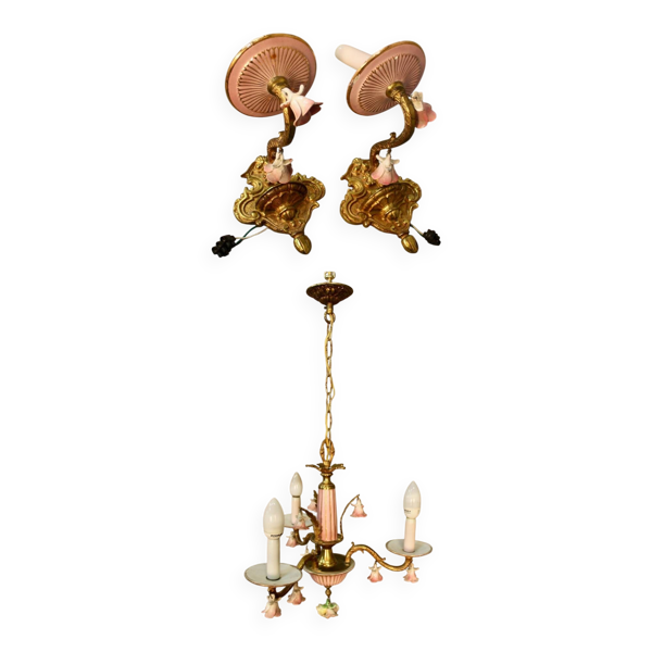 Petit Lustre Italien En Bronze Et Fleurs En Porcelaine Avec Ses 2 Appliques