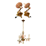 Small Italian Bronze Chandelier with Porcelain Flowers and its 2 Wall Sconces