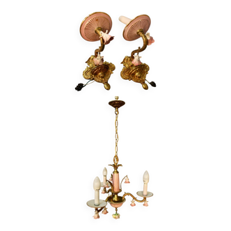 Small Italian Bronze Chandelier with Porcelain Flowers and its 2 Wall Sconces