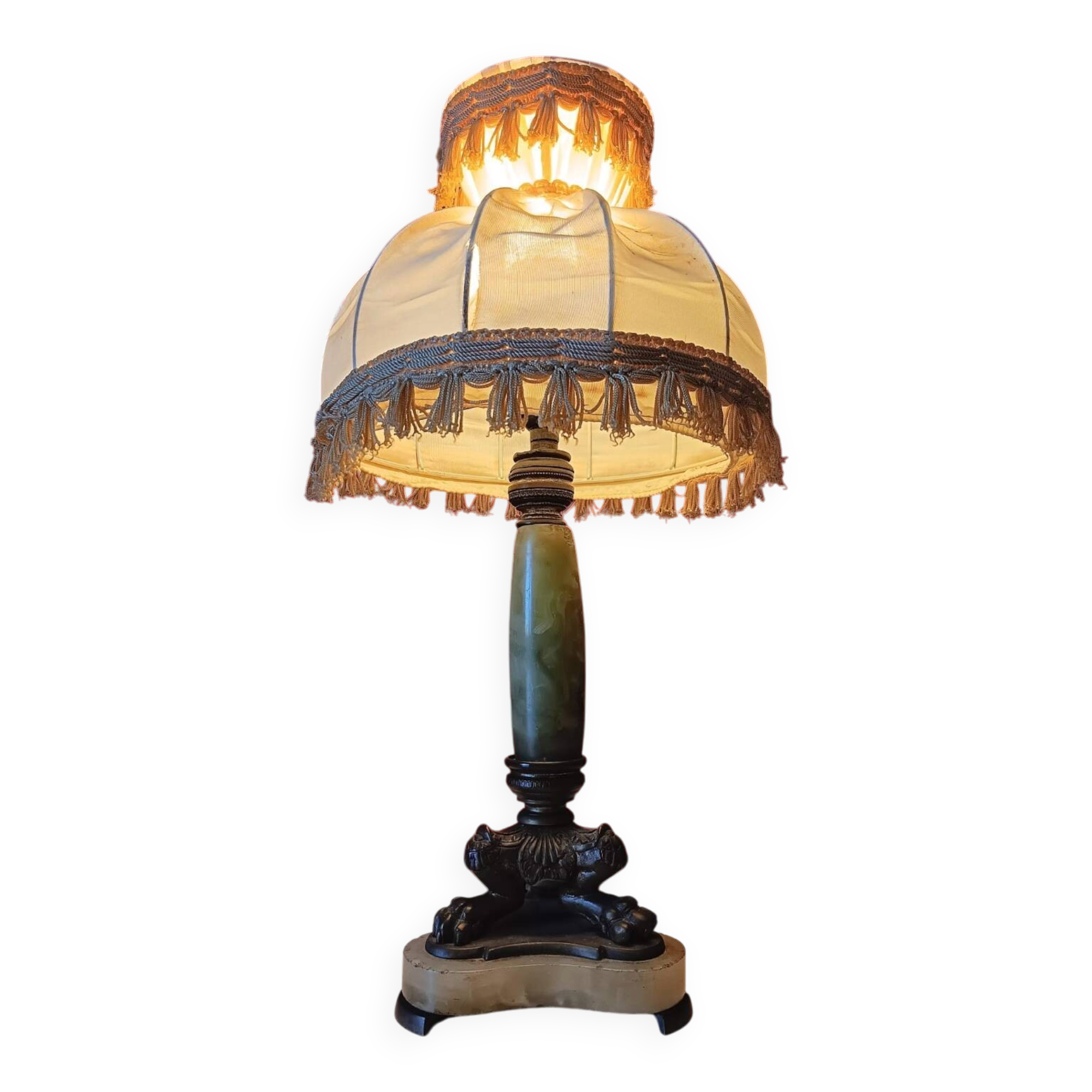 Antique lamp with green marble and bronze – fringed lampshade