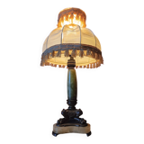 Antique lamp with green marble and bronze – fringed lampshade