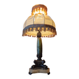 Antique lamp with green marble and bronze – fringed lampshade