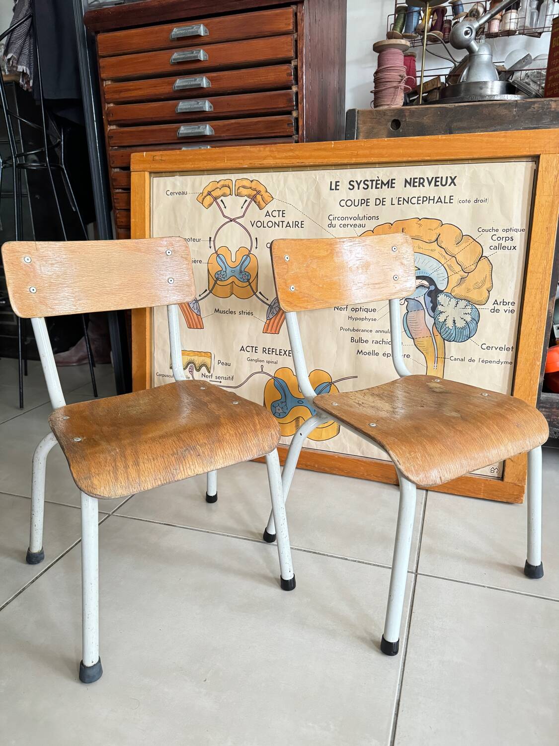 Pair of children's school chairs in wood and metal