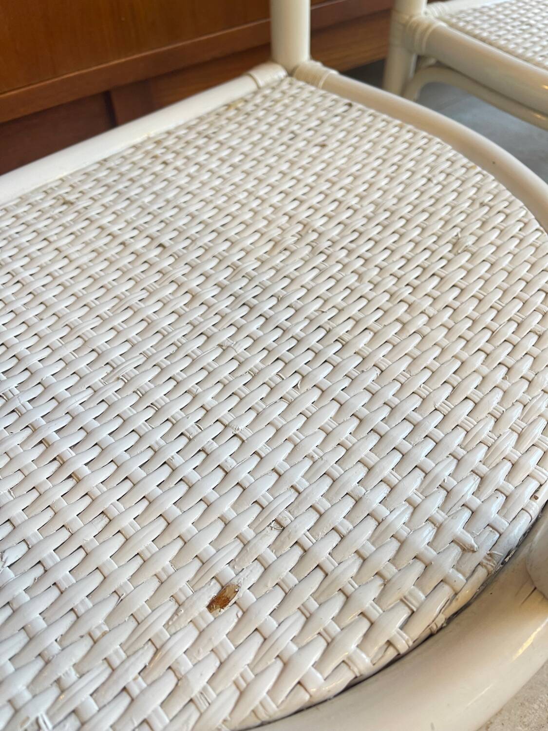 Pair of white rattan bedside tables – 1970s-80s