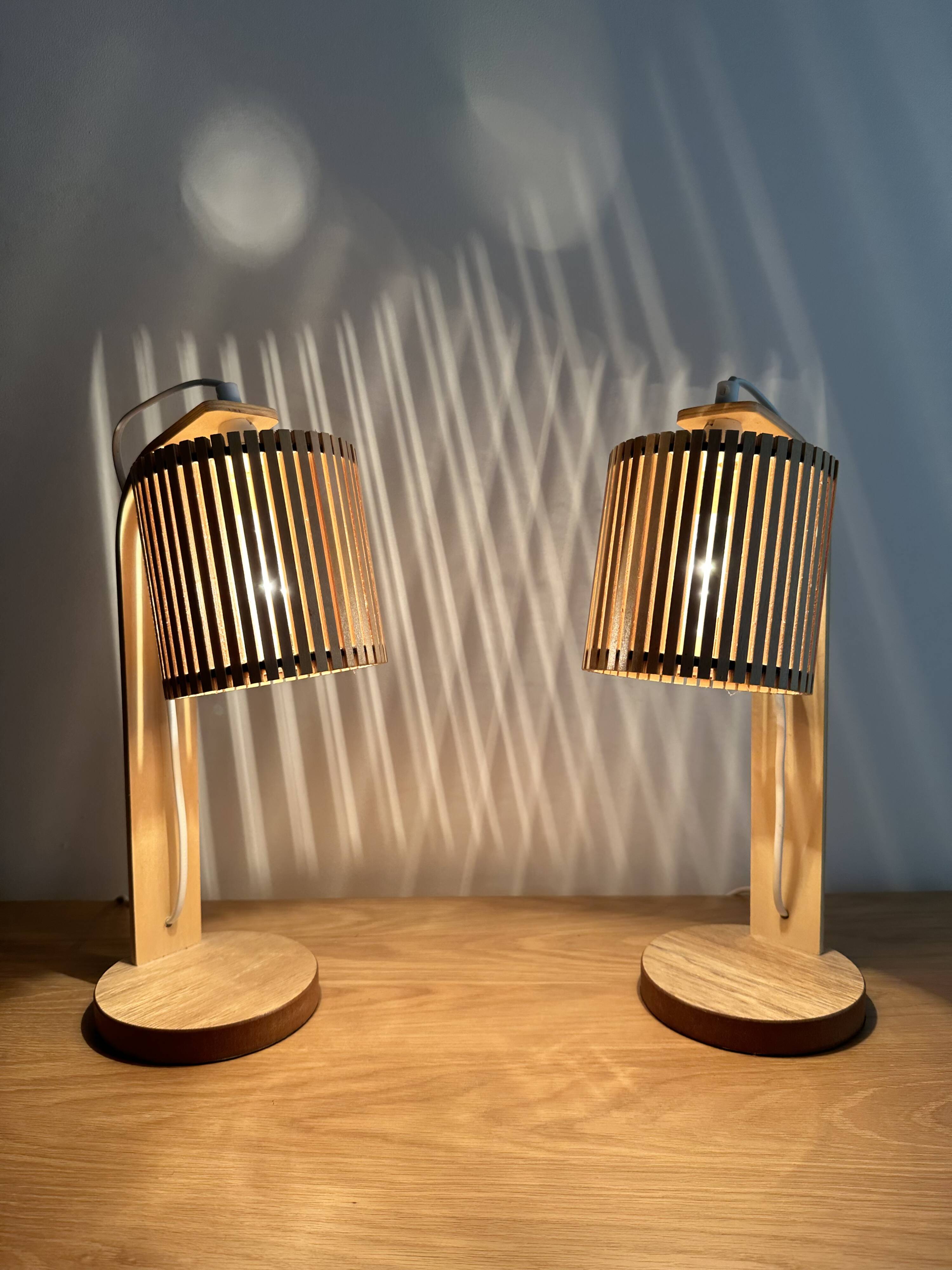 Pair of large Scandinavian lamps in natural wood.