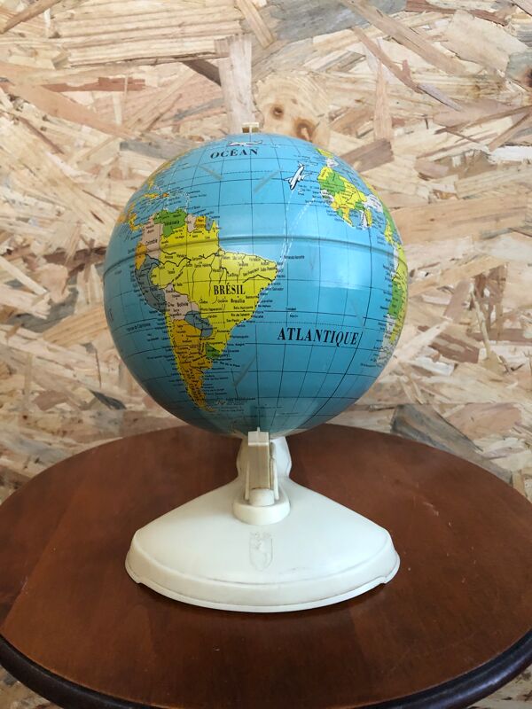 Ancien mappemonde ms globe métal + base bakélite blanc crème vintage