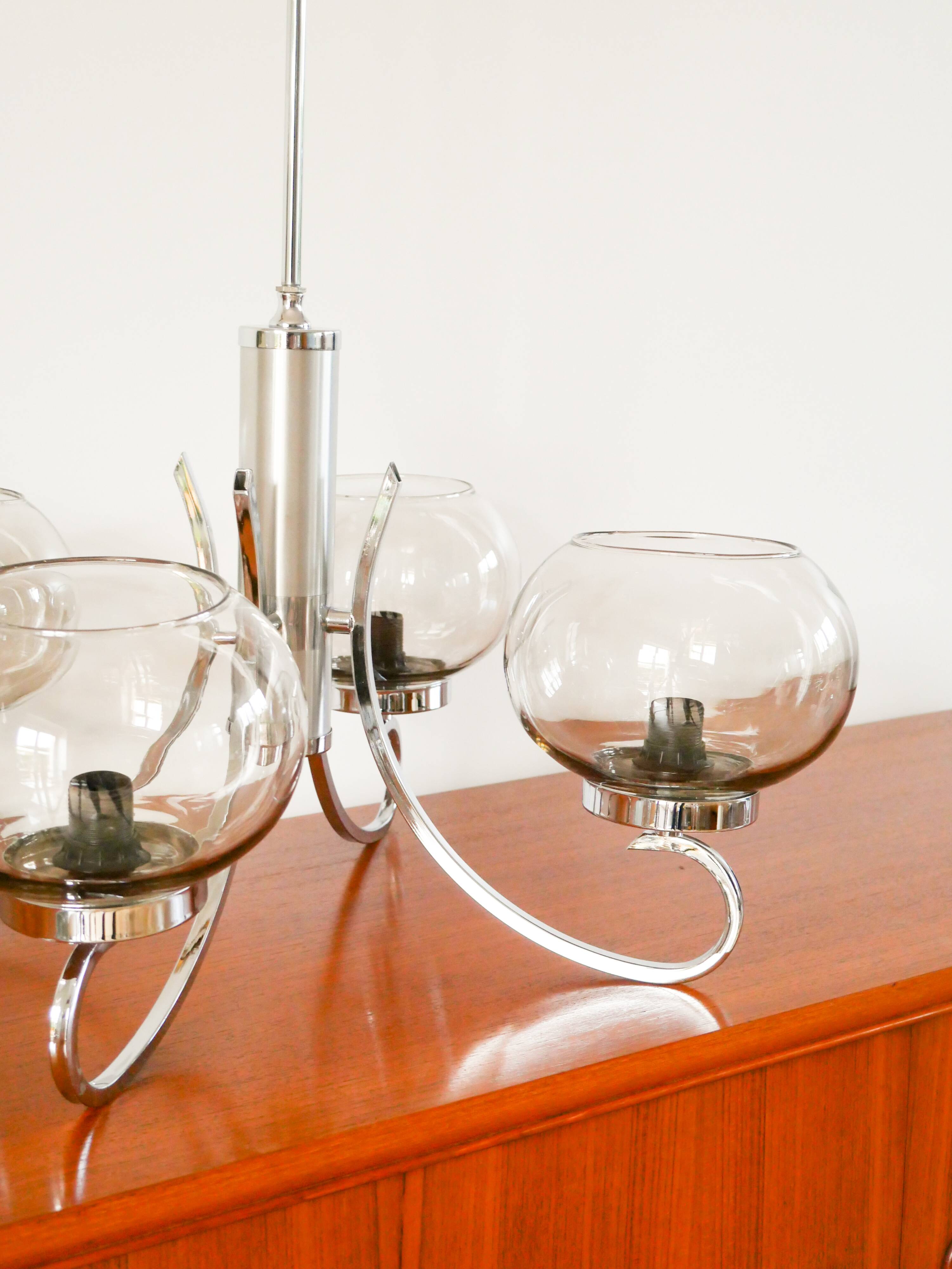 Chandelier Gaetano Sciolari, 4 lights, in chrome and smoked glass, 1970.