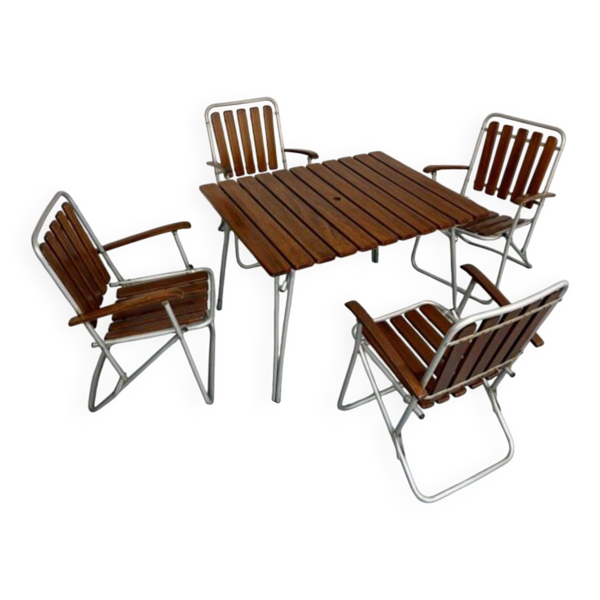 Salon de jardin vintage pliant, table et 4 fauteuils bois et métal, 1960