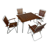 Salon de jardin vintage pliant, table et 4 fauteuils bois et métal, 1960