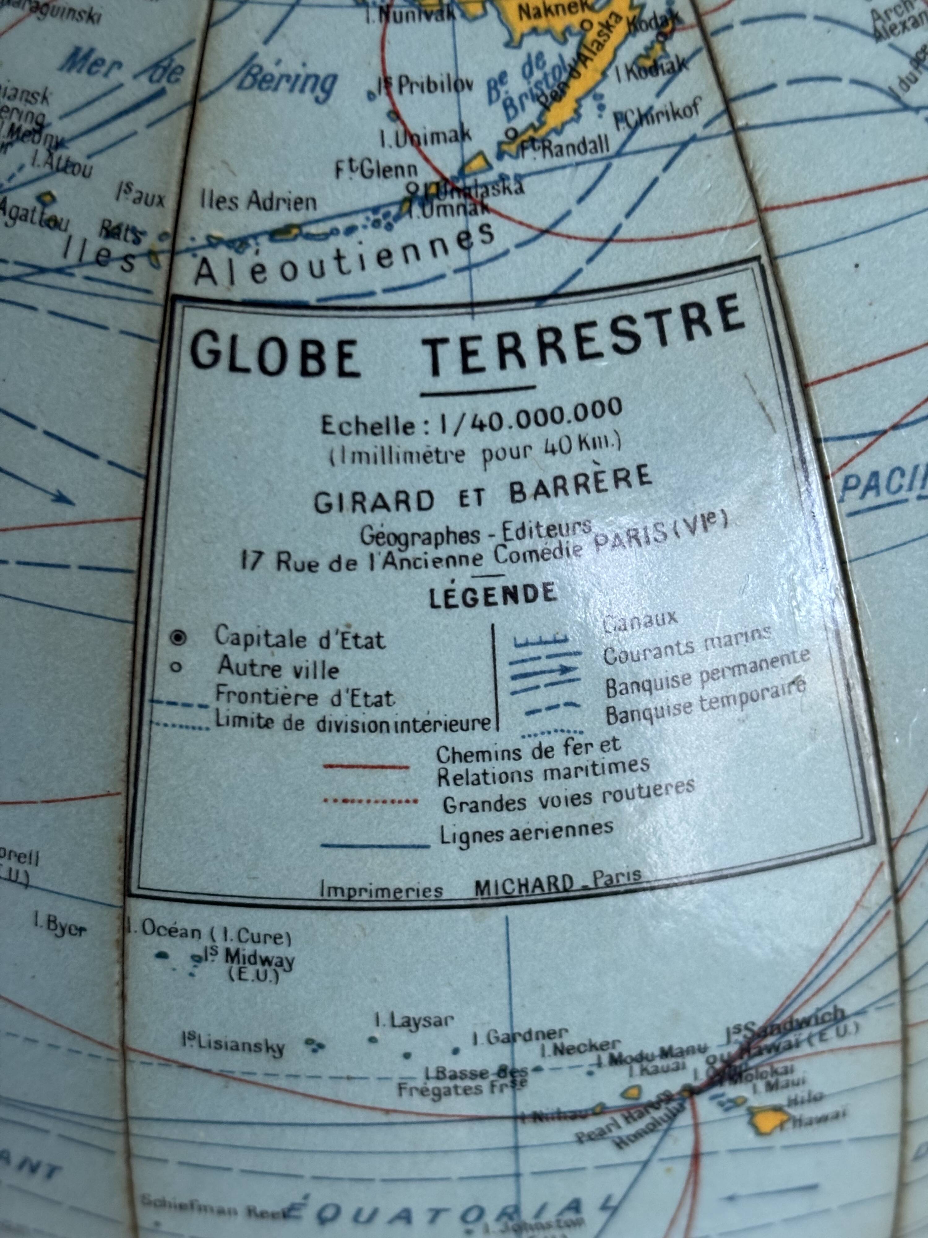 Vintage 1960 terrestrial globe by Girard Barrère in cream - 35 cm