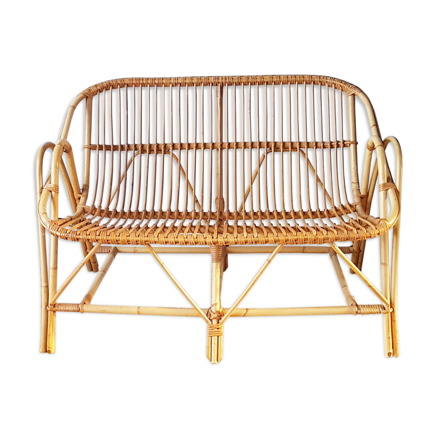 Bench into rattan 2 seater of the sixties