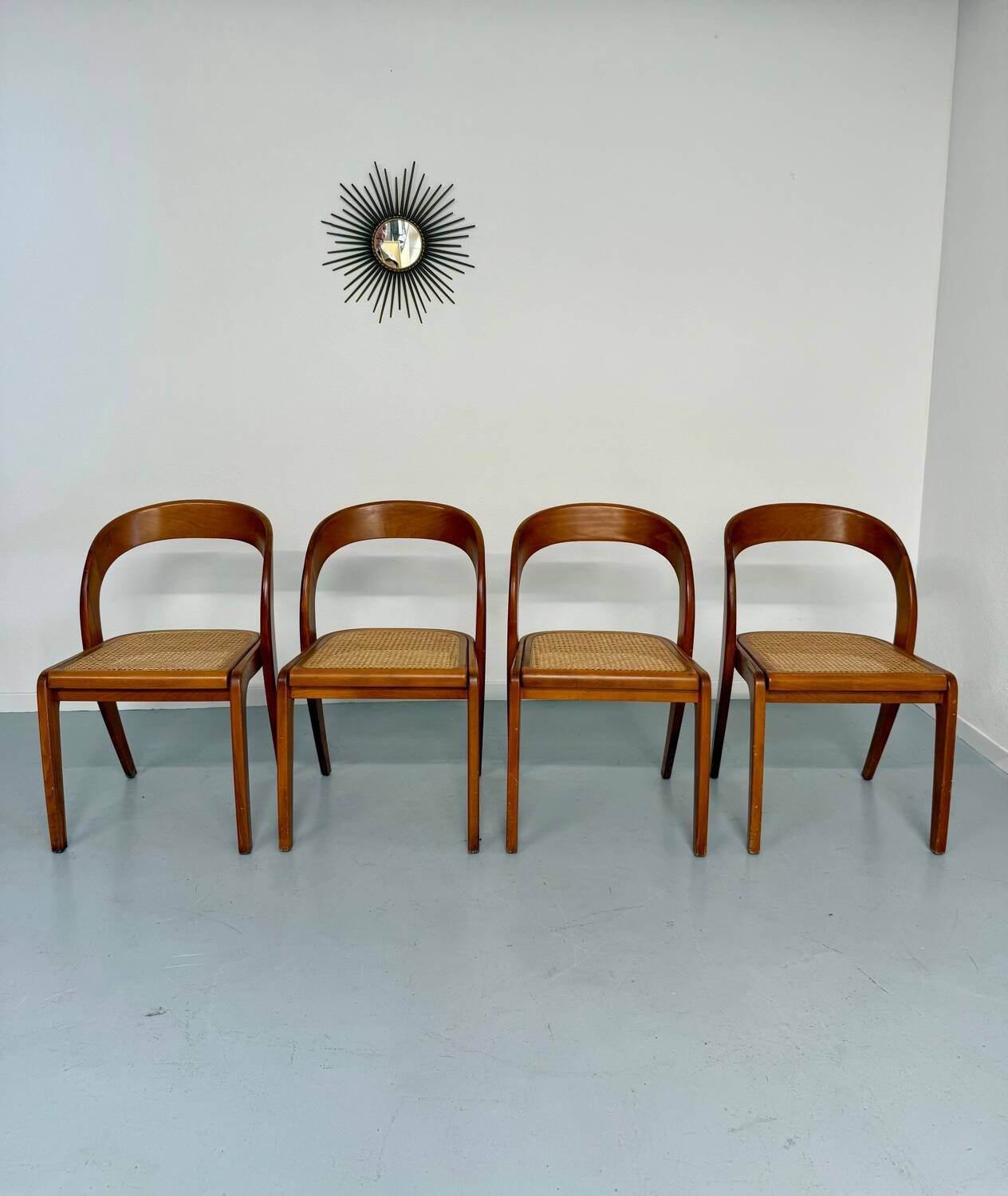 Set of 4 Baumann chairs, Gondola model, wood and cane, 70s