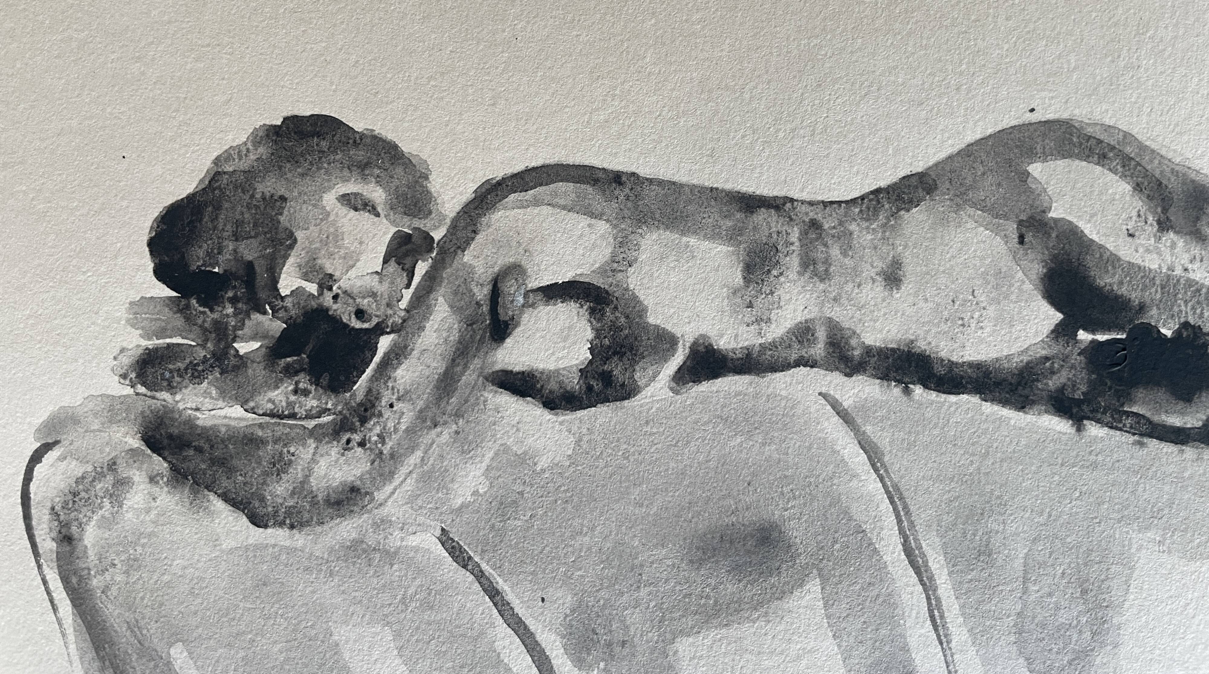 Black monochrome watercolor of a reclining woman signed