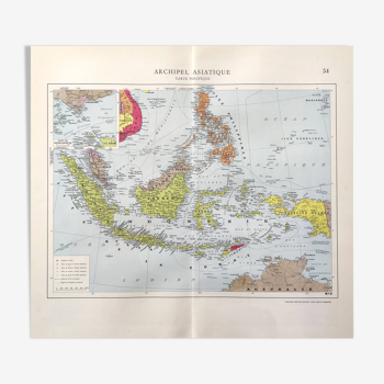 Carte vintage Indonésie Asie Archipel 38x43cm de 1950