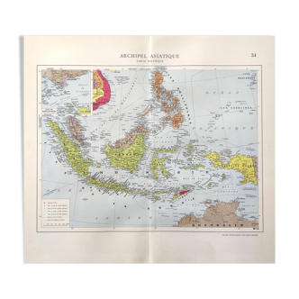 Carte vintage Indonésie Asie Archipel 38x43cm de 1950