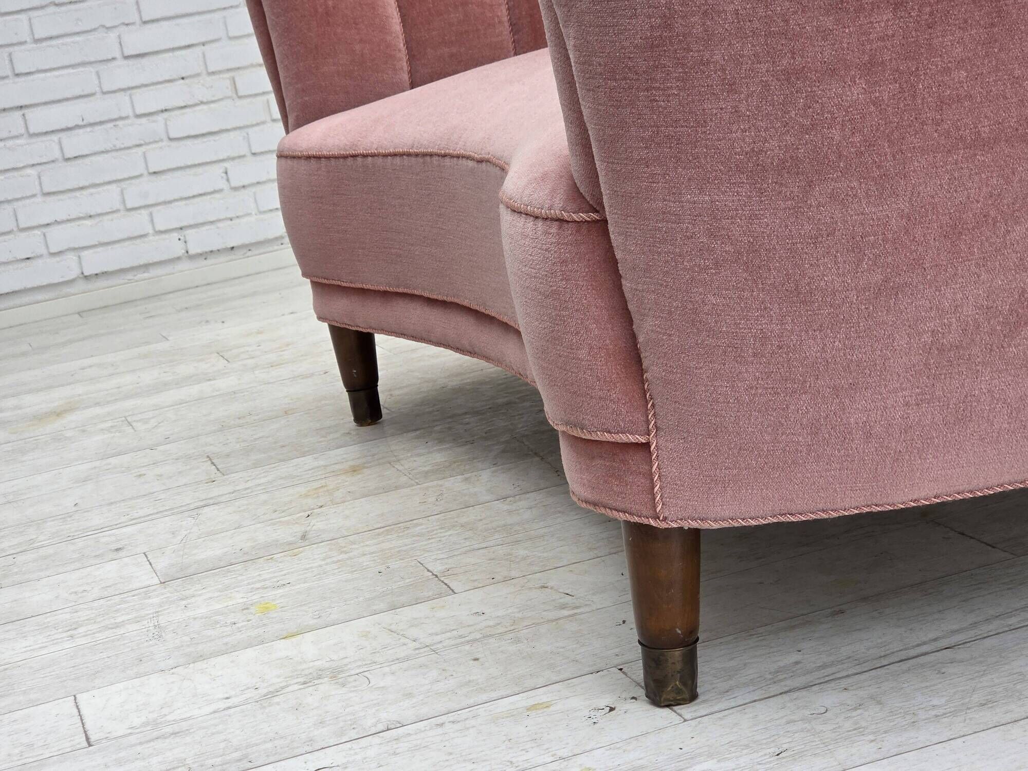 1970s, Danish 2-seater curved sofa, original salmon pink furniture velour.