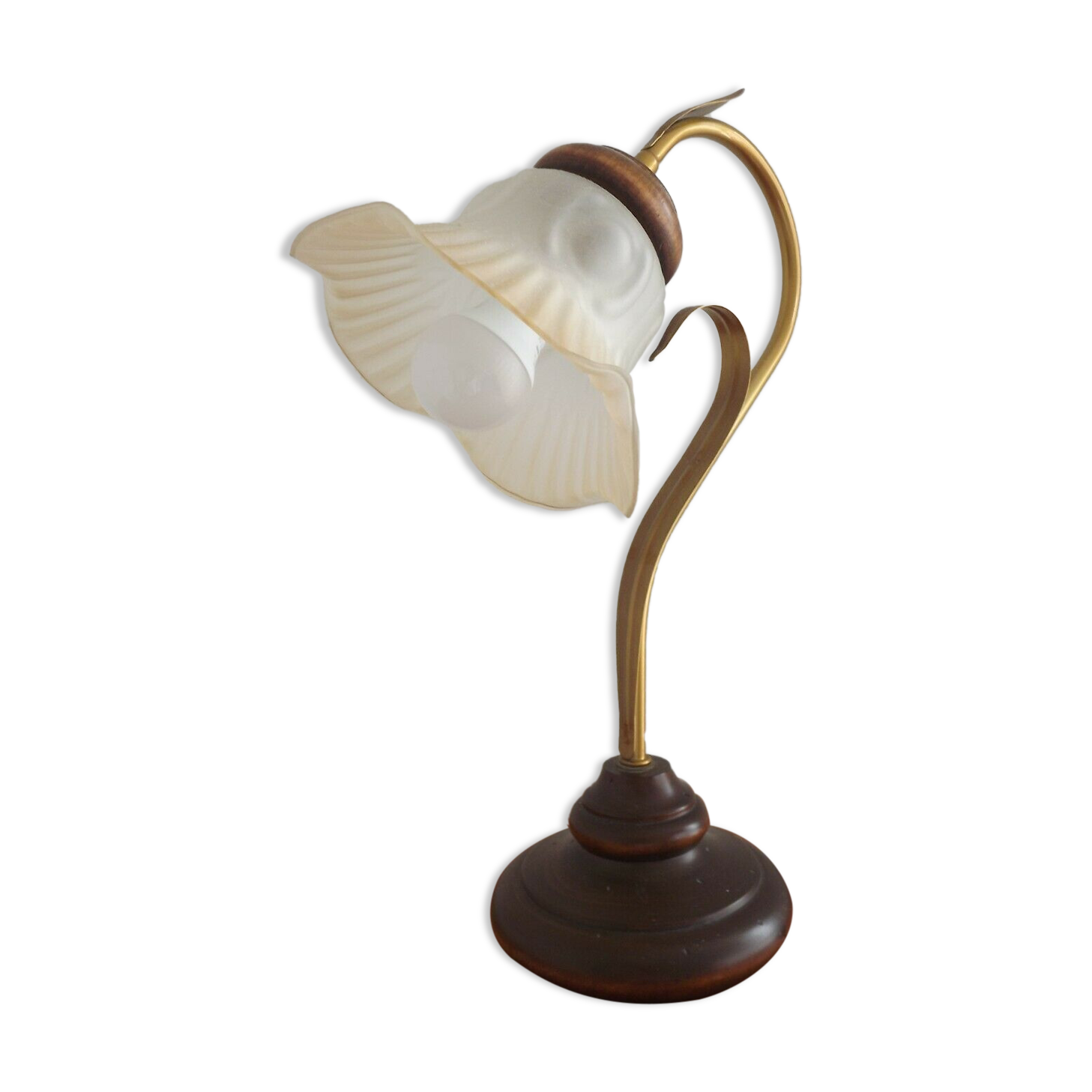 French vintage gold coloured metal & wood table lamp decorative glass shade