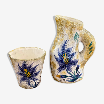 Pitcher and cup in ceramic decoration with thistles Vallauris signs J.Yell